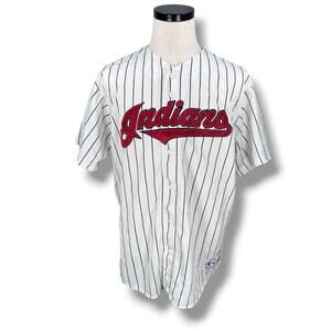 Vintage Majestic Cleveland Indians Baseball Jersey Men XL White Pinstriped READ